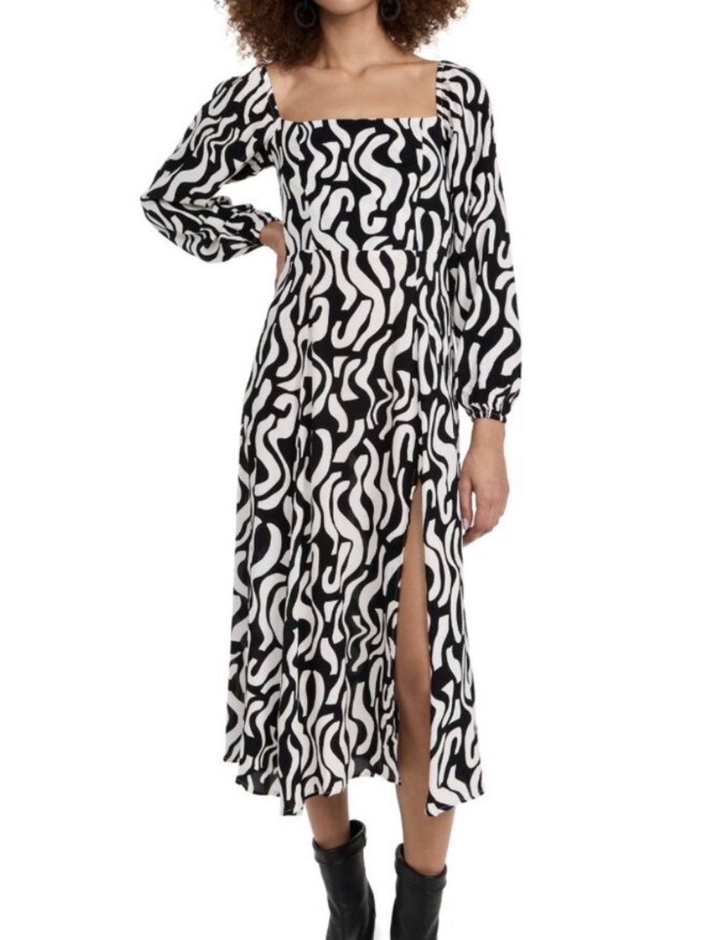 NWT Faithfull The Brand La Vita Black White Long Sleeve Midi Dress Size 6